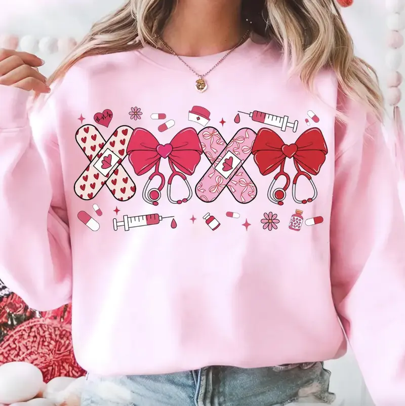 Pink Valentine Nurse Sweatshirt T-Shirt, Valentine Nurse Coquette Tee, Cupids Favorite Nurse Shirt, Nursing Valentines Day Gift, Nurse Valentines Hoodie