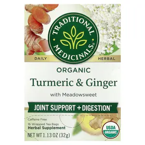 Traditional Medicinals Organic Turmeric & Ginger with Meadowsweet, Caffeine Free, 16 Wrapped Tea Bags, 1.13 oz (32 g)