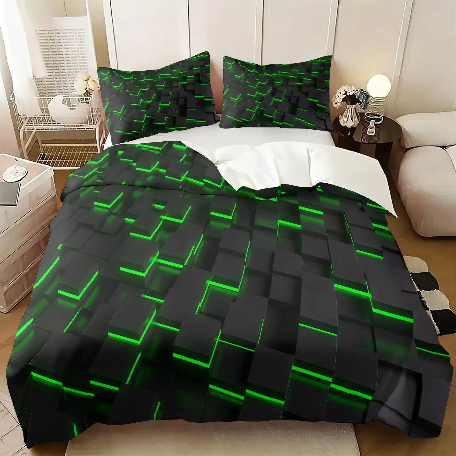 2/3Pcs 3D Neon Green Grid Duvet Cover Set, Cyberpunk Tech Comforter Cover, Gamer Bedding Set with Pillowcases (No Filling), Soft Microfiber for Game Room & Bedroom, Geometric Decor for Teens & Gamers
