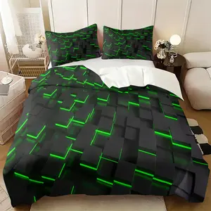 2/3Pcs 3D Neon Green Grid Duvet Cover Set, Cyberpunk Tech Comforter Cover, Gamer Bedding Set with Pillowcases (No Filling), Soft Microfiber for Game Room & Bedroom, Geometric Decor for Teens & Gamers