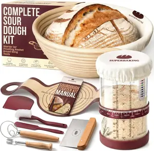 Superbaking Sourdough Starter Kit, 9" Splinter-Free Banneton Bread Proofing Basket Set with Non-Stick Silicone Dough Sling & Glass Starter Jar Kit, Sourdough Bread Baking Supplies, Sourdough Tools