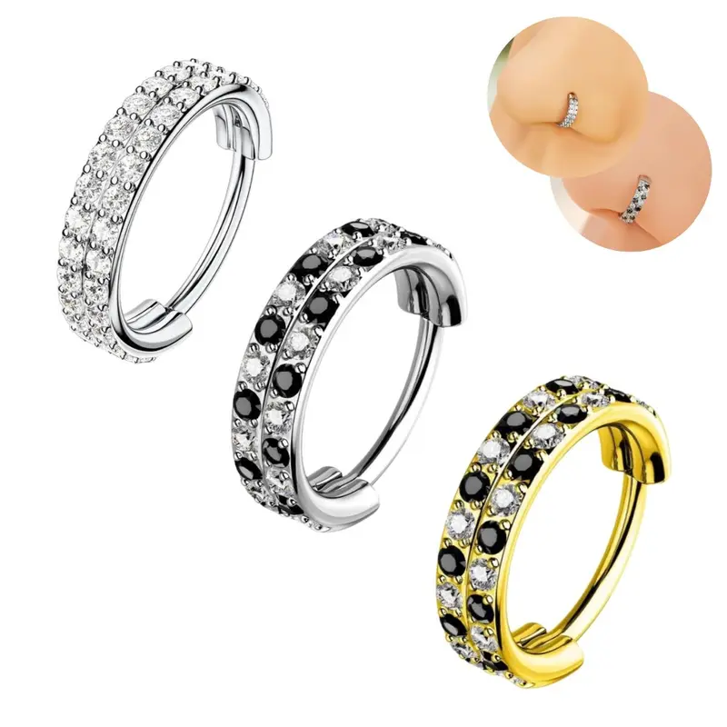 OUFER 20G 316L Durable Steel Checkered Cubic Zirconia Hinged Segment Nose Ring - 0.8mm Thickness, 6mm-7mm Sizes, Fashion Basic Unisex Daily Wear Nostril Body Jewelry for Long Use