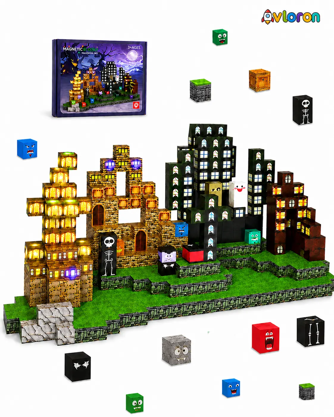 Avloron Magnetic Blocks 137PCS Halloween Set with Light-Up Magnetic Tiles – STEM Building Toy for Creativity & Motor Skills Ages 3+