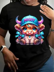 Short Sleeves Casual Round Neck Shirt for Plus Size Women Featuring a Highland Cow Design, Perfect for Summer, a Unique Cow Print Top, Ideal for Beachwear, Adorned with Highland Cow Motifs