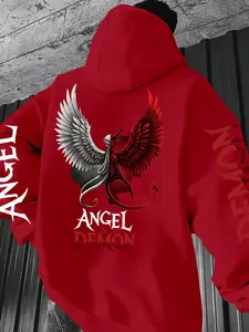 Men's Fall Winter Fashion Aesthetic Hoodie, Angel & Demon Letter Design, Casual Sports Style, Loose Fit, Long Sleeve, Daily Wear, Outdoor Activities, Sweatshirts, Sporty, Clothes
