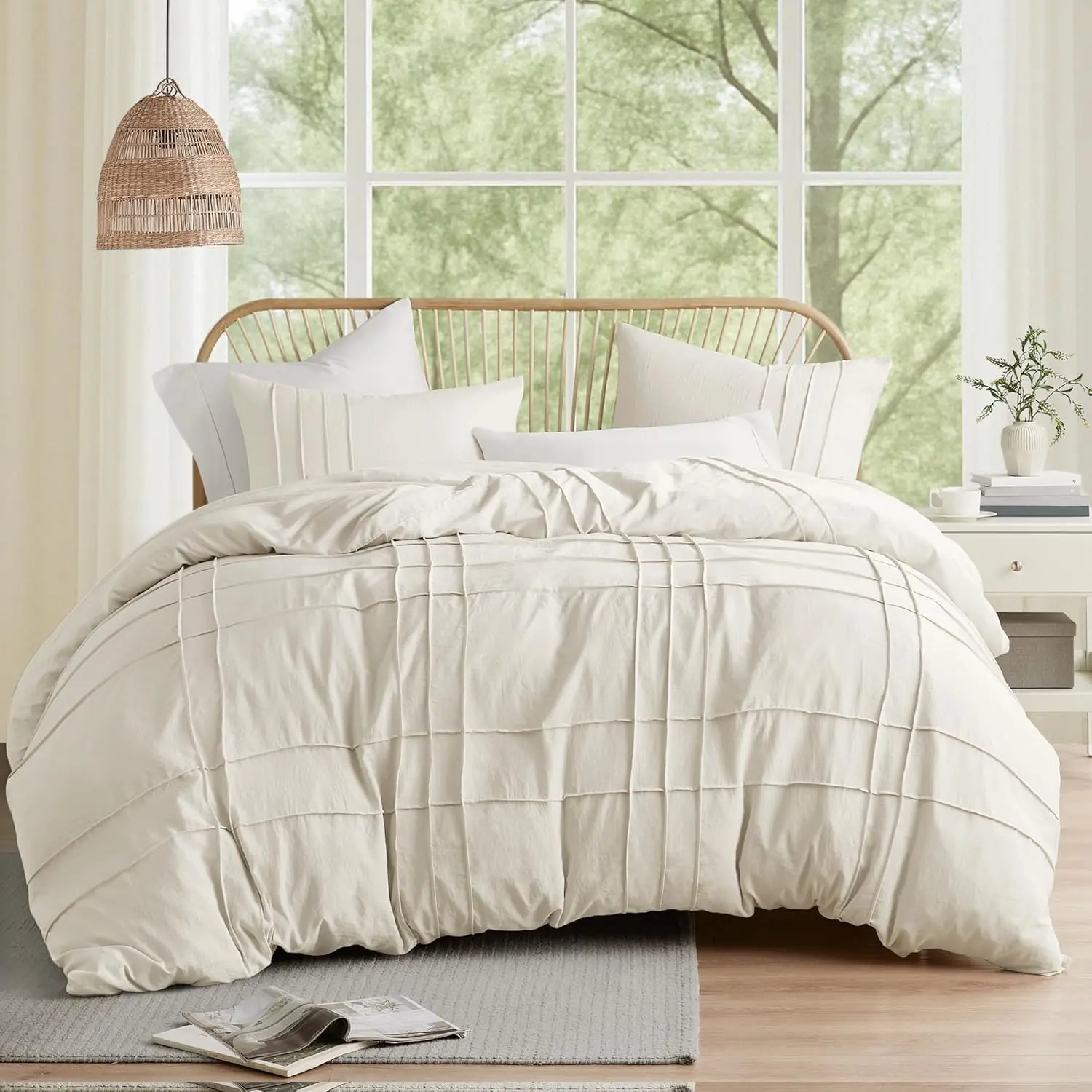 Cream Twin Size Duvet Cover Set - 2 Pieces Pintuck Pleated Duvet Cover All Season Lightweight, Softness Pre-Washed Microfiber Twin Bedding Cover Shams, Twin/Twin XL