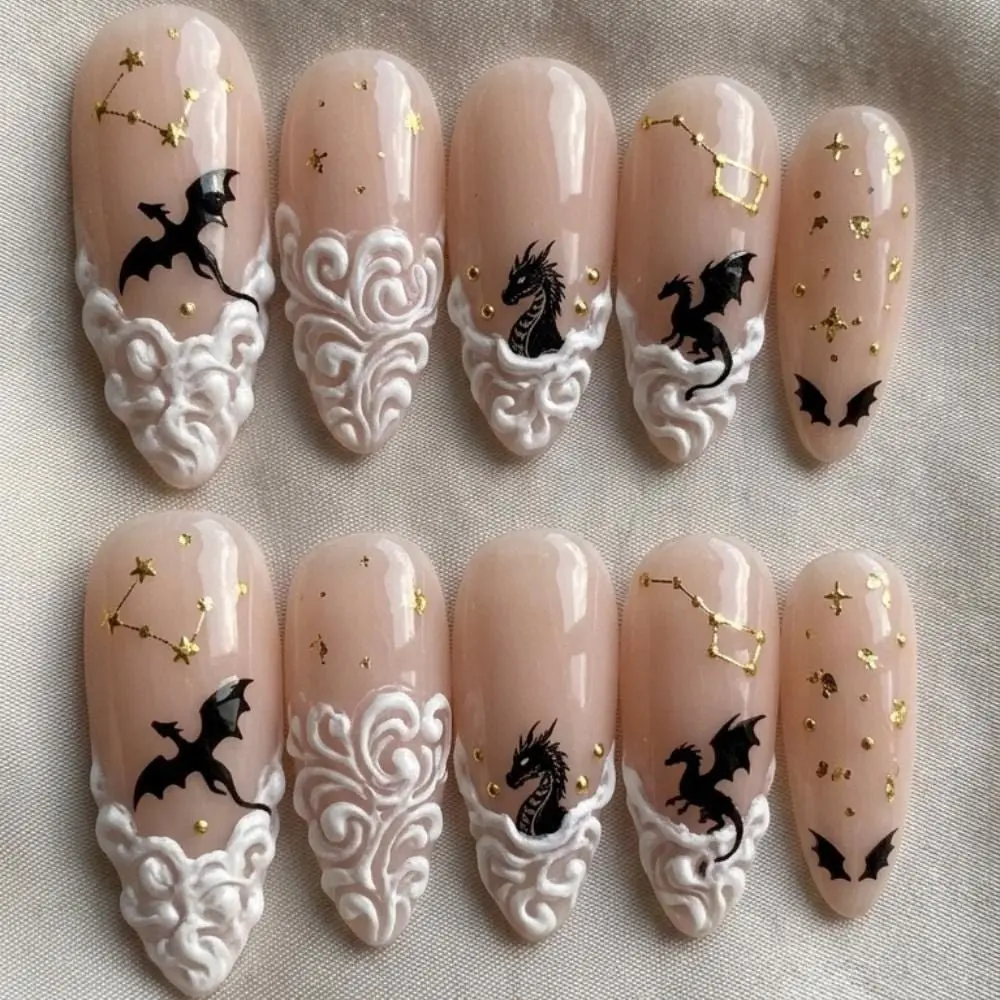 Celestial Dragon Press On Nails - 3D Textured Cloud False Nails -Handmade Gold Constellation Gothic Nails