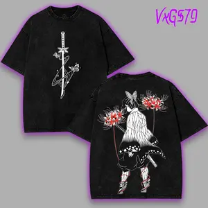 Kochou Shinobu Insect Hashira Demon Slayer Kimetsu No Yaiba Anime Double Printed Acid Washed Top men's Menswear graphic tee