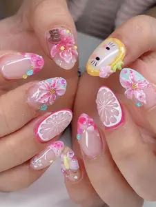 3D Fruit Flower Press On Nails, Summer Gradient Almond Beach Set