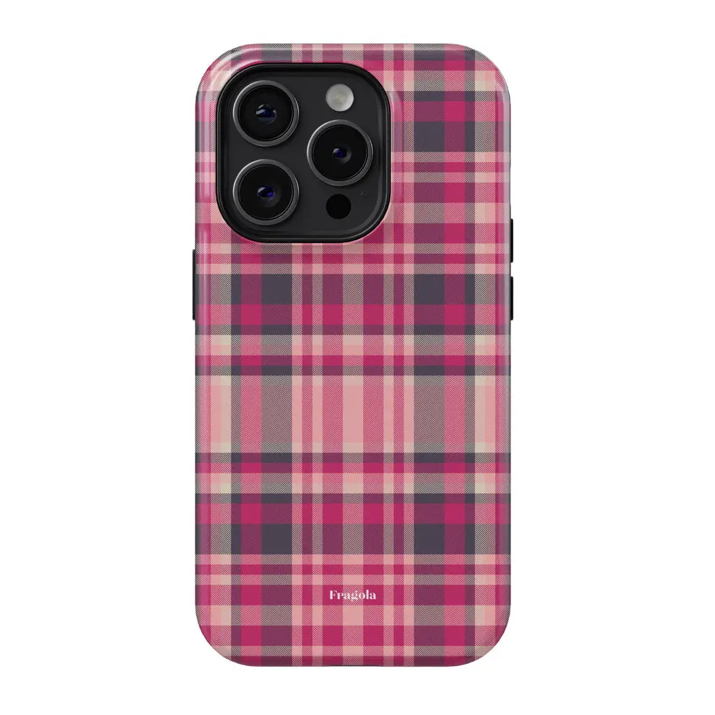 Pink Mauve Neutral Tartan Plaid Fragola Brand Text Phone Case, Slim Shockproof Cover for iPhone 16/15/14/13/12 Pro Max, Coquette Preppy Vintage Girly Aesthetic Protective Case