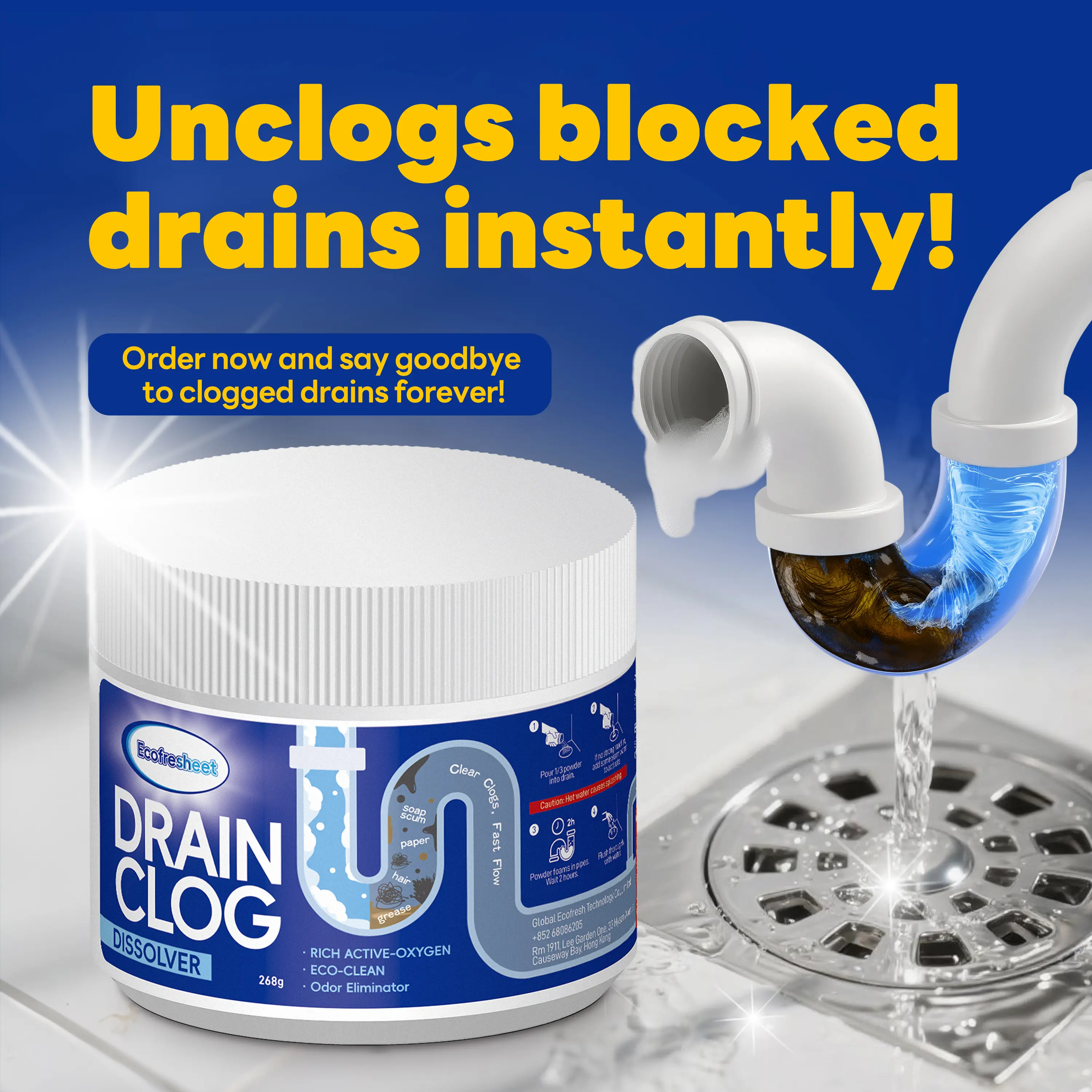 Powerful Pipe Dredging Agent Household cleaner, essential cleaner for kitchen sinks，Drain Clog Remover Agent, Powerful Quick Cleaning Drain Toilet Cleaner Tool,for Kitchen Bathroom Toilet 3 Pcs Anti Clogging Deodorizing Degreaser Deodorizer. Cloggeddrain