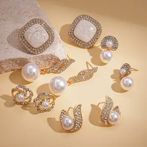 5-Pair CZ & Faux Pearl Earring Set, Gold Tone Assorted Studs with S925 Silver Posts, Fashion Jewelry for Women