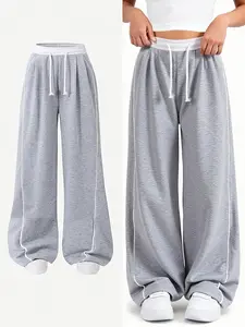 Contrast Piping Wide Leg Sweatpants, Elastic Waist Drawstring Pants, Casual Streetwear for Girls & Teens, All Seasons