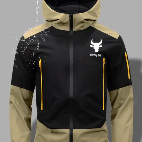 Men's Stylish Plain Regular-Fit Long Sleeve Hooded Polyester Coat - Waterproof, Windproof, Lightweight, Fitted Male Outerwear for Hiking, Daily Wear, All-Seasons All-Day Use