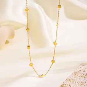 Geometric Small Square Four-leaf Clover Pendant Necklace for Women Girls Stainless Steel Fashion Jewelry Accessories Friend Gift