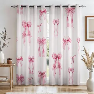 Pink White Vertical Stripes and Pink Bow Print Blackout Curtains 2Pcs/Set, No-Hook Ring Design, Washable Fabric, Bedroom Living Room Dorm Heat Insulation, UV Protection, French Country Style Home Decor