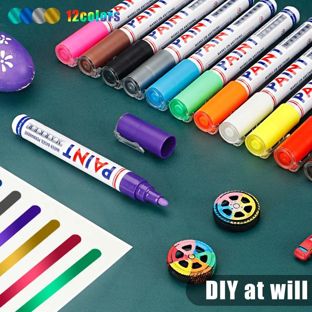 Automotive Tire Paint Markers - 12 Color  Permanent Markers, Medium Tip, Quick-Dry, Waterproof for Metal, Wood, Rubber (Car Washing & Maintenance Paint Repair Tools)