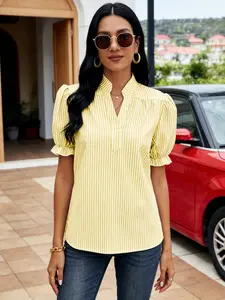 Women's French Style Striped Blouse, Vertical Stripe, Stand Collar Short Bubble Sleeves, Casual Fitted Top for Daily Wear