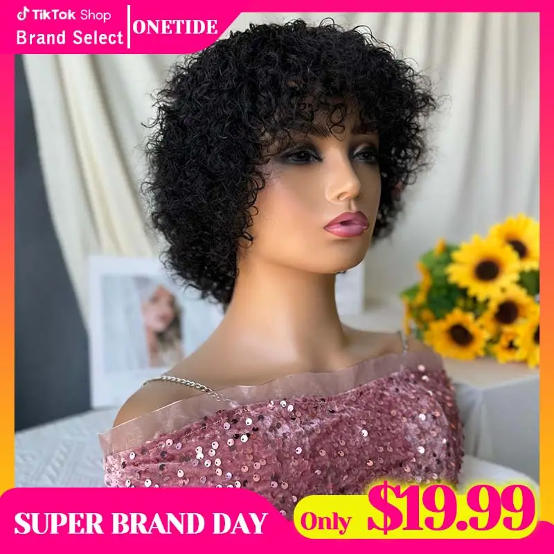 Glueless Wigs Short Curly Bob Wig with Bangs Wear To Go Short Curly Human Hair Wig for Women 180 Density Brazilian Virgin Human Hair Glueless No Lace