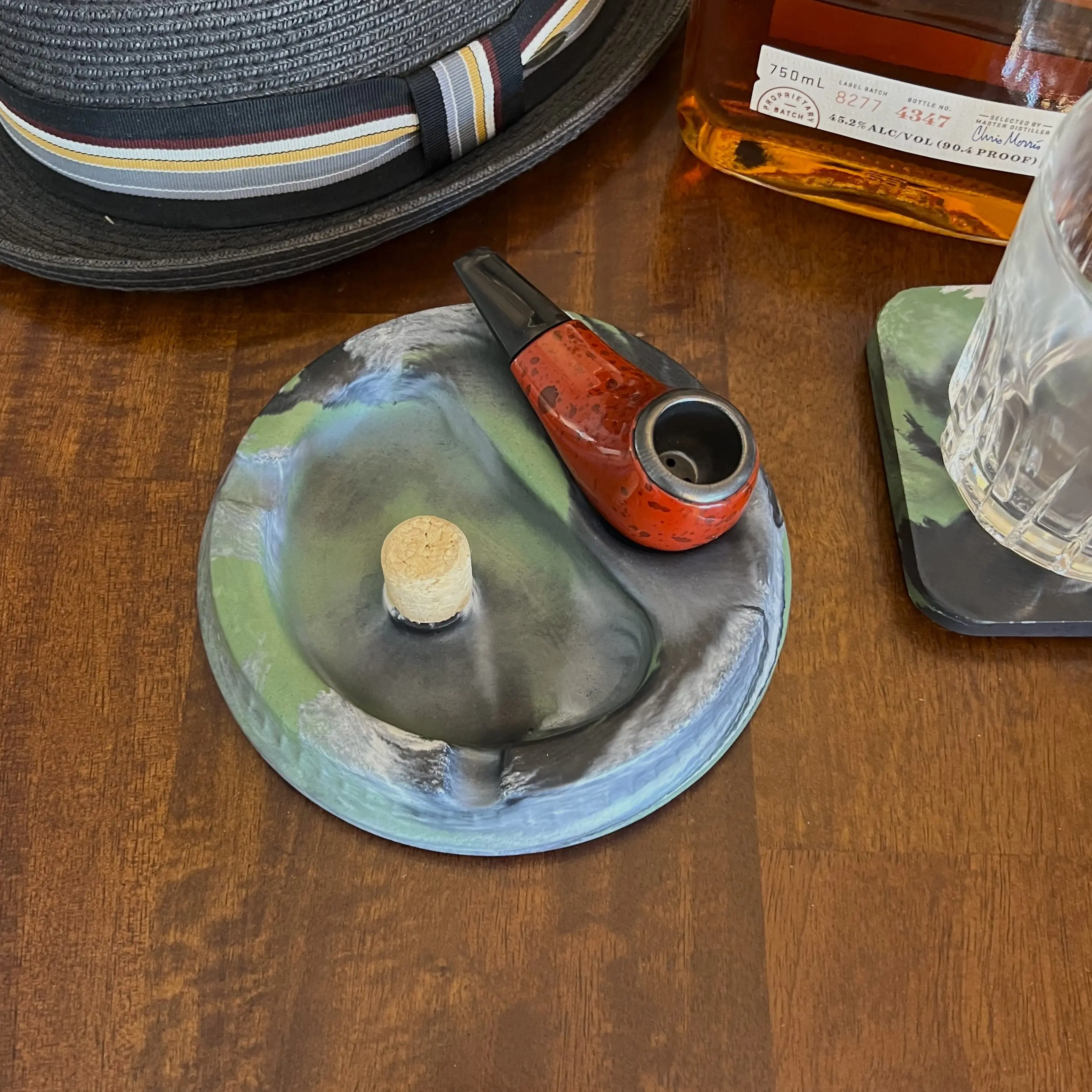 Green Marbled Concrete Pipe Ashtray with Cork Knocker