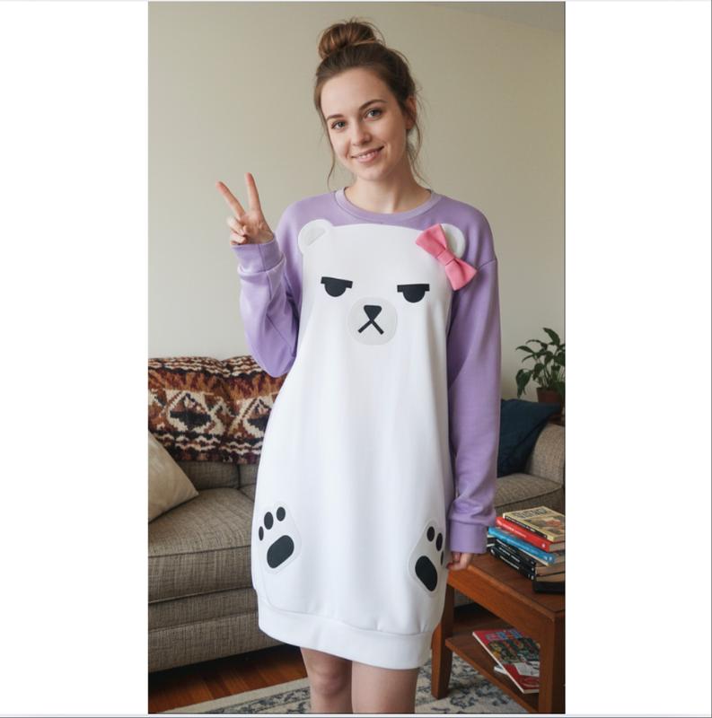Anime Cosplay Mira Costume Kpop Pajamas Mira Purple Bear Hoodies for Adults Womens Halloween Outfits with Hair Rings Faux Cotton Sweater Cosplayer Clothes Soft Party Crewneck Gamis