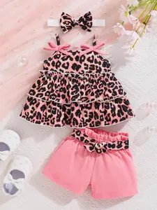 3-Piece Infant Girls Leopard Print Ruffle Top and Shorts Set, Fitted Cut, Stylish Baby Wear for Summer, Cute Toddler