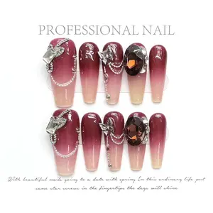 Press On Nails - Handmade Medium Length Glossy Nails with 3D Charm, Easy Gel Nail Polish, Includes Storage Box & Additional Nails
