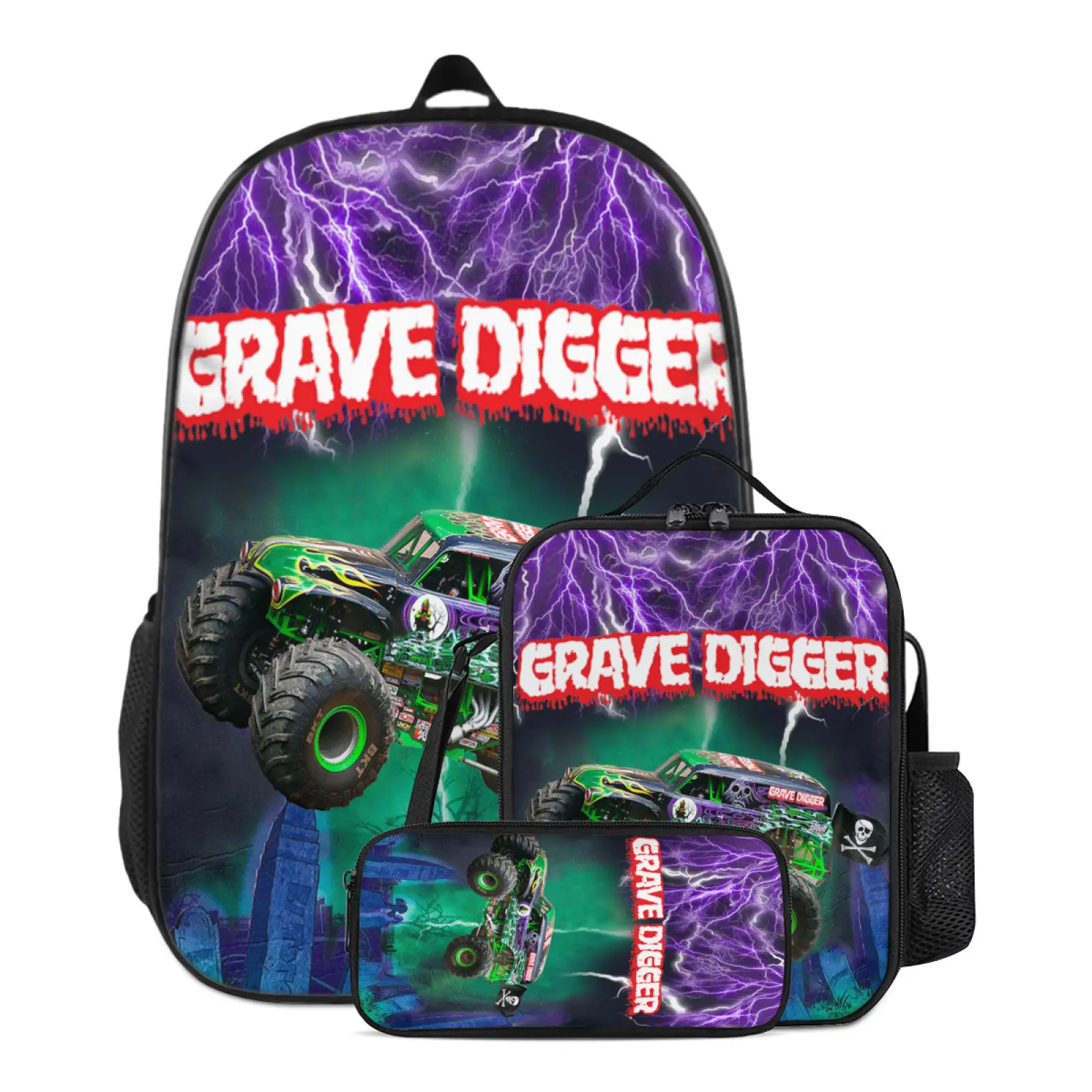 Unisex 3-Piece Synthetic Waterproof Graphic Monster Jam Backpack Set - Super Large Casual Schoolbag with Adjustable Shoulder Straps, Zip Travel Daypack & Matching Shopping Wallet