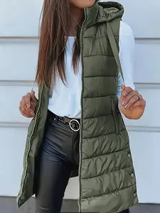 2026 Hot Selling New Women's Long Woolen Sleeveless Down Cape-Style Hooded Winter Coat, Women's Thickened Warm Hooded Vest, Long-Sleeved Solid Color Coat, Casual Street Style Suitable for All Seasons