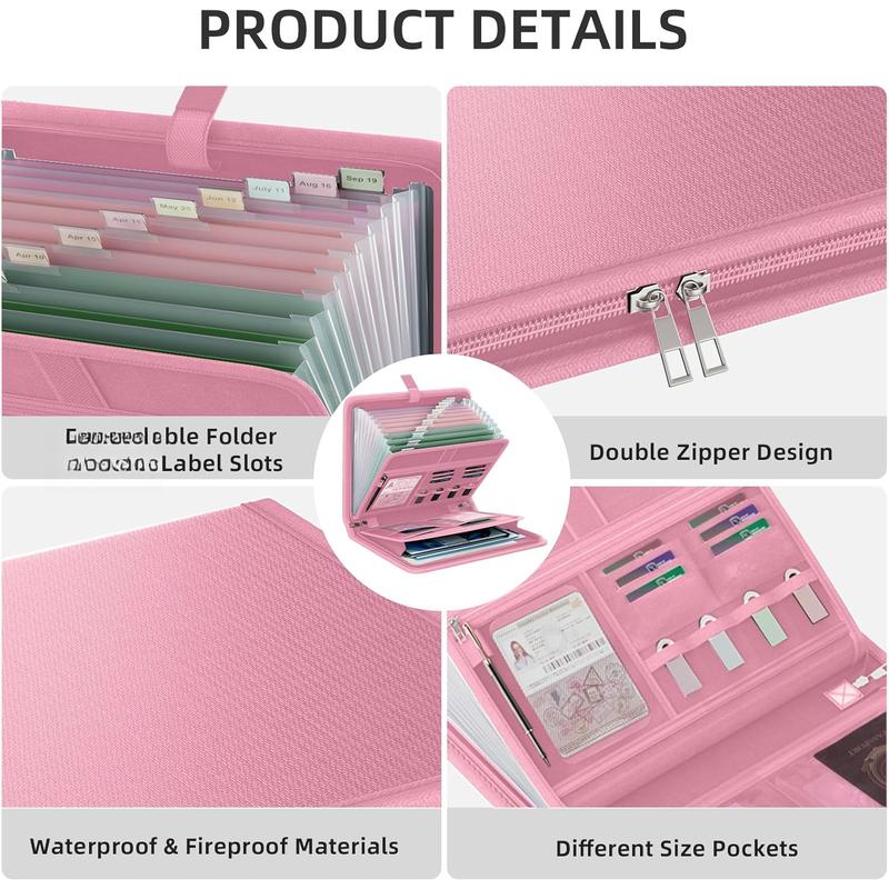 Fireproof Accordion File Organizer, Portable Expanding File Folder with Zipper&Labels, Pink Document Organizer with 13 Pockets, File Organizer for Important Document/Paper Storage Fireproof Accordion File Organizer, Portable Expanding File Folder with Zipper&Labels, Pink Document Organizer with 13 Pockets, File Organizer for Important Document/Paper Storage