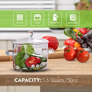 Glass Cooking Pot - 1.5L/1.6 Quarts Glass Saucepan with Cover - Heat-Resistant, Non-Toxic, Scratch-Resistant, Durable Glass Cookware, Clear Design