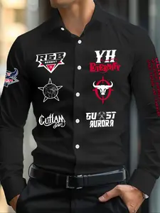 Men's Letter Print Graphic Long Sleeve Dress Shirt, Regular Fit Casual Button Front Collared Shirt for Spring & Fall, Fashion Men's Top for Daily Wear