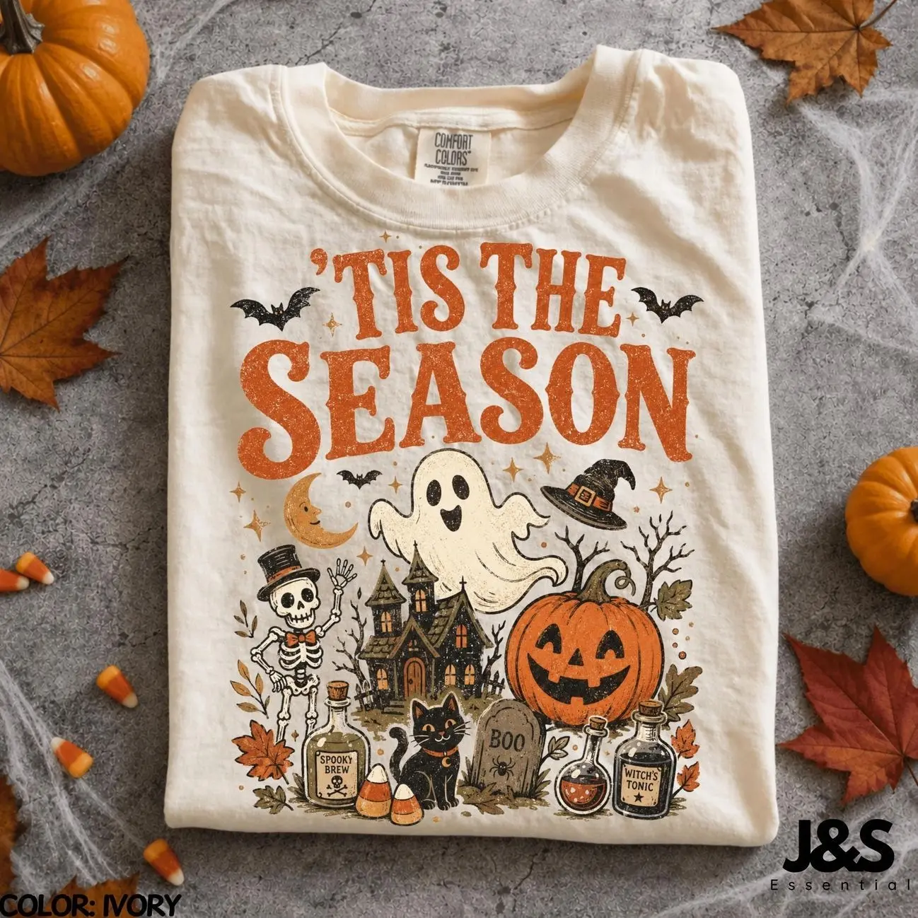 Comfort Colors Tis The Season Halloween Shirt, Cute Ghost Pumpkin Tshirt, Spooky Season Fall Tee, Vintage Witchy Skeleton Graphic Shirt Gift, Cozy Halloween Gift for Women & Men