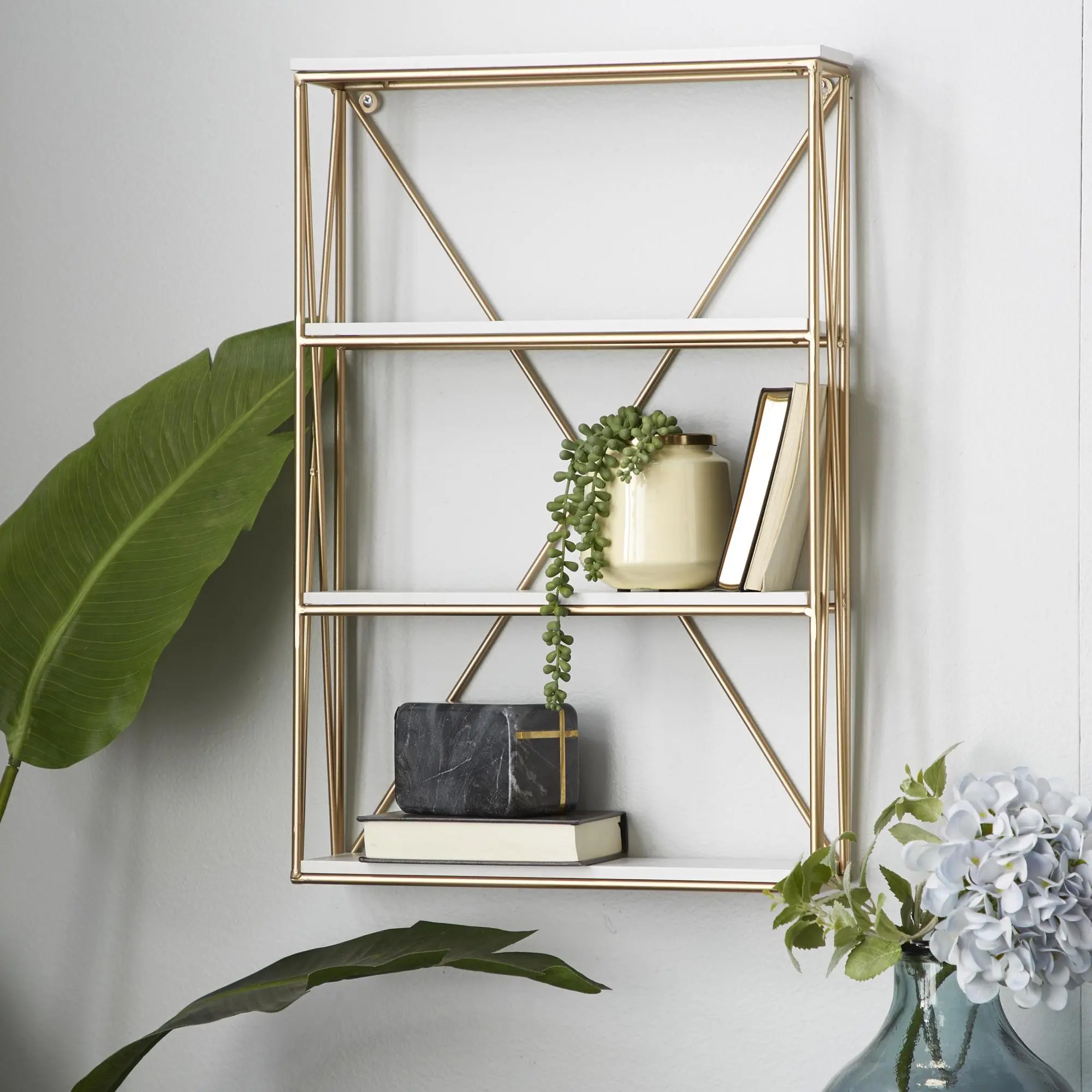 Glamorous 3-Level Gold Metal Wall Shelf with White MDF Shelves, Decorative Room Decor for Home Supplies Display