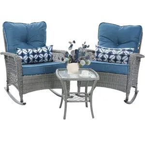 Amopatio 3-Piece Patio Furniture Set, Wicker Rocking Bistro Set with Thick Cushion,Outdoor Chair and Table for Backyard,Garden,Porch,Deck,Family Party