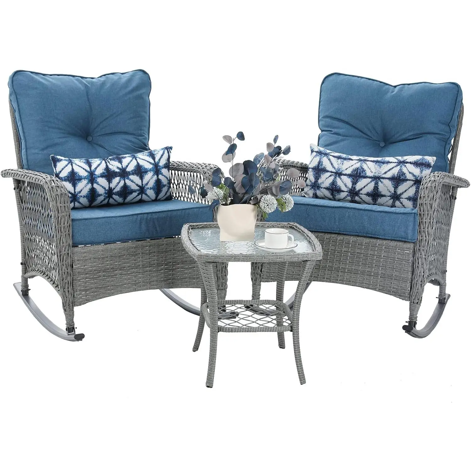 [Labor Day]Amopatio 3-Piece Patio Furniture Set, Wicker Rocking Bistro Set with Thick Cushions, Outdoor Chair and Table for Backyard,Garden,Porch,Deck