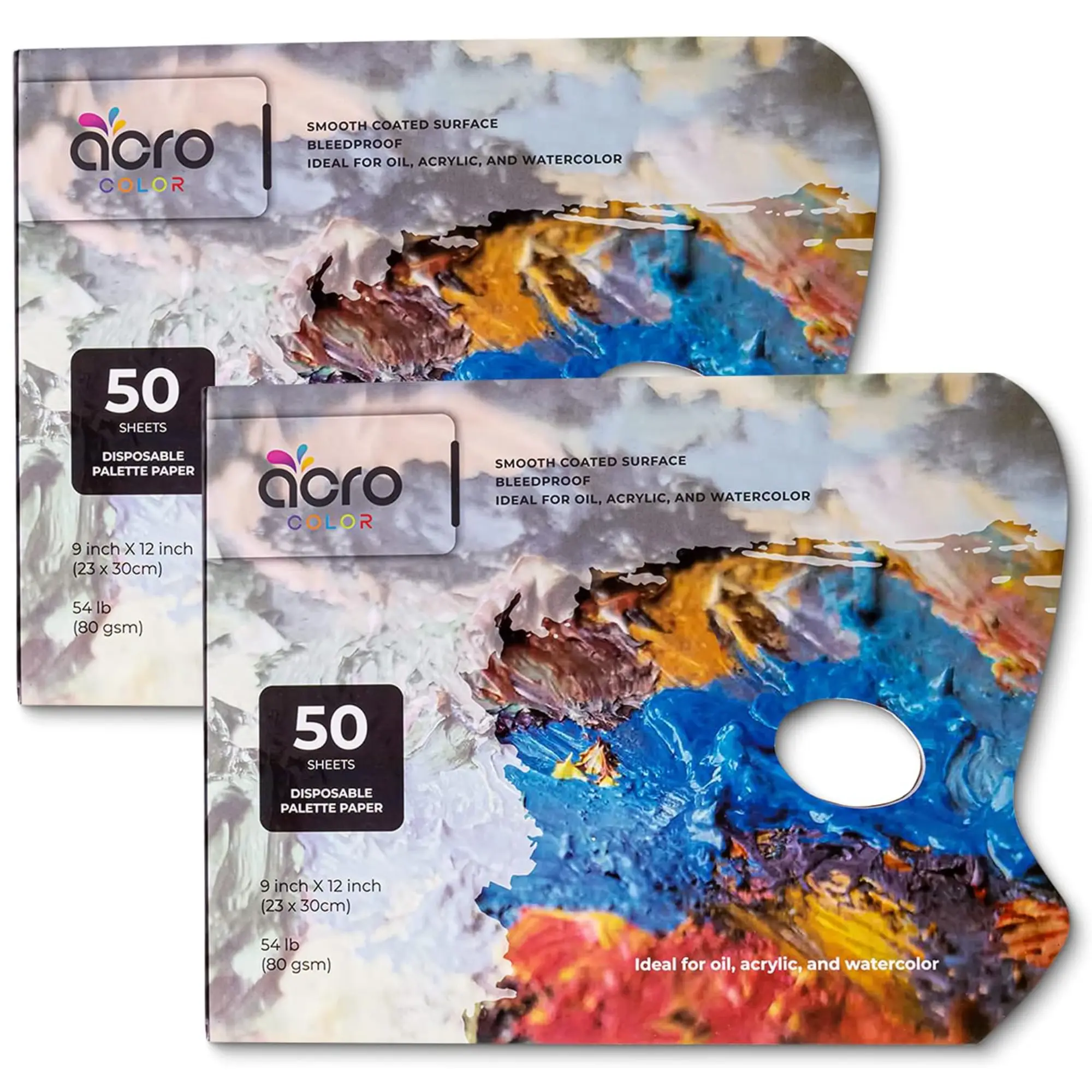 Disposable Palette Paper Pad - 50 Sheets, 2 Pack - for Oil, Acrylics, Watercolors - 9 x 12 Inch, 80 GSM Sheets for Beginner & Professional Artists