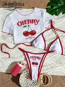 Briza｜Women's Short-Sleeve Cover-Up Three-Piece Swimsuit Set, Summer Cherry Print Tie-Waist Triangle Swimsuit Set