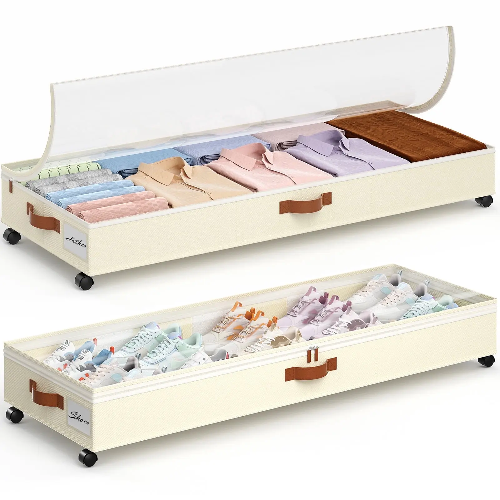 Yecaye Under Bed Storage with Wheels, 2 Pack Underbed Storage Container Large, Beige