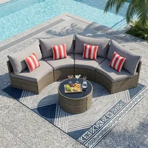 5 Pieces Patio Furniture Sectional Set, All-Weather Wicker Curved Outdoor Sofa Sectional with Water-Repellent Cushions and Powder-Coated Steel Frame, for Garden, Deck, Backyard(Grey)