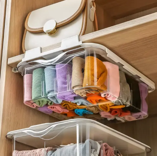 Closet Organizer - Transparent Storage Box for Under-Shelf Organization, Ideal for Clothing and Accessories, Space-Saving Design