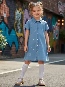 Girls' Denim Dress Spring Summer New Arrival, Light Blue Washed Cotton, Rhinestone Design, Comfortable Short Sleeve Shirt Dress, Collared Dress
