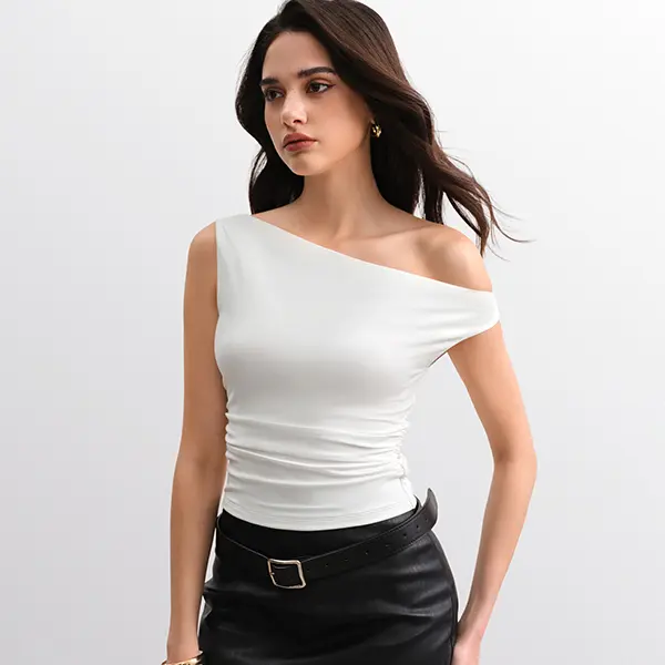 C202 Women’s Off-Shoulder Sleeveless Crop Top, Soft Stretch Double-Lined Fitted Shirt with Ruched Waist, Breathable Going-Out Top for Party, Beach and Date Night