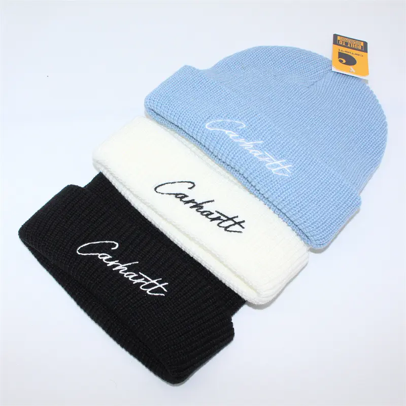 Solid Color Script Embroidered Cuffed Knit Beanie, Unisex Winter Warm Skull Cap, Casual Street‑Style Couple Cold Hat