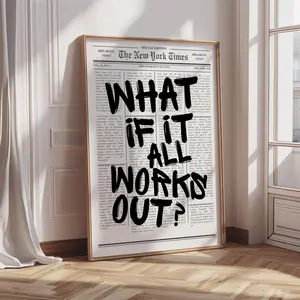 (No Frame) What If It All Works Out Poster, Retro Newspaper Wall Art, Typography Quote Print, Aesthetic Motivational Decor