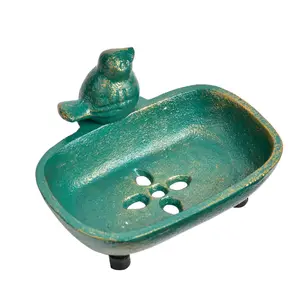 Sungmor Heavy-Duty Cast Iron Hand Soap Holder - Antique Green Finish, Decorative Freestanding Tabletop Tray - Practical Soap Container for Kitchen, Bathroom Sink