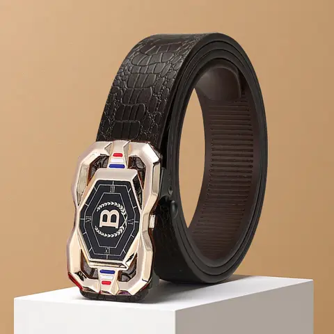 Men's Artificial Leather Belt with Polished Alloy Automatic Buckle, Sleek Textured Square Pattern, Adjustable for Casual Wear, Fashion Accessories, Artificial Leather Men's Belts