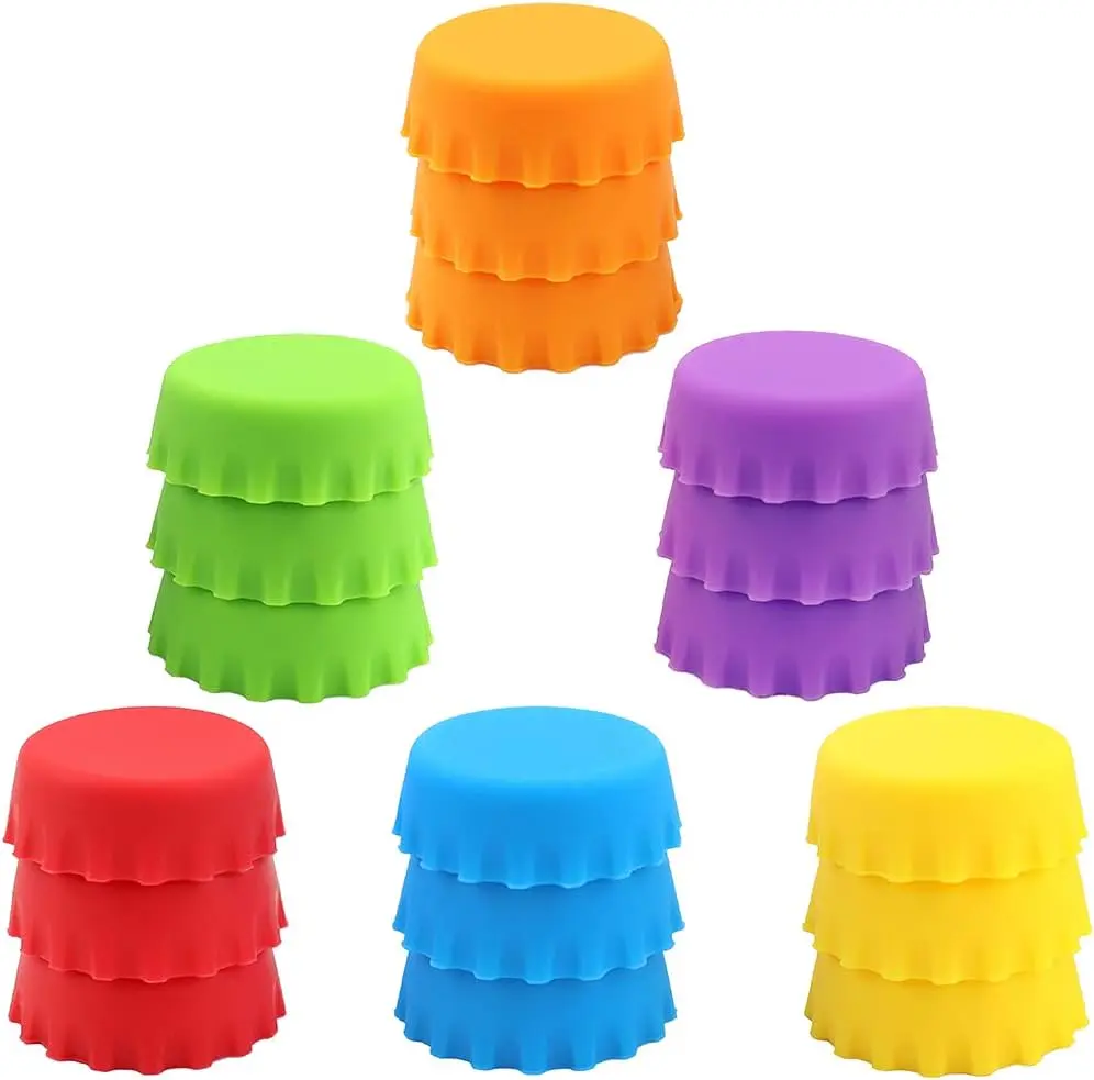 18-Piece Durable Round Silicone Lid Drinkware Accessories Set - Leakproof, Secure Fit, Dishwasher-Safe for Home Brew, Alcoholic Beverages Bottles (1.18" Diameter, 0.43" Height), 6 Vibrant Colors, Silicone Bottle Boot for Adults