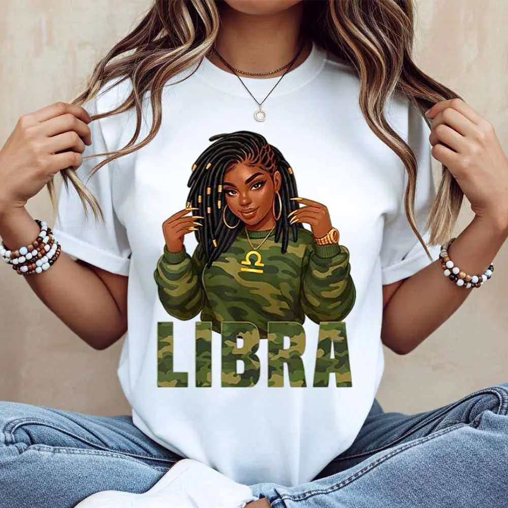 Libra Zodiac Sign Woman In Camouflage Shirt Print T-Shirt White Casual Loose Fit For Everyday Wear And Outdoor Activities