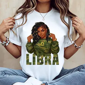 Libra Zodiac Sign Woman In Camouflage Shirt Print T-Shirt White Casual Loose Fit For Everyday Wear And Outdoor Activities